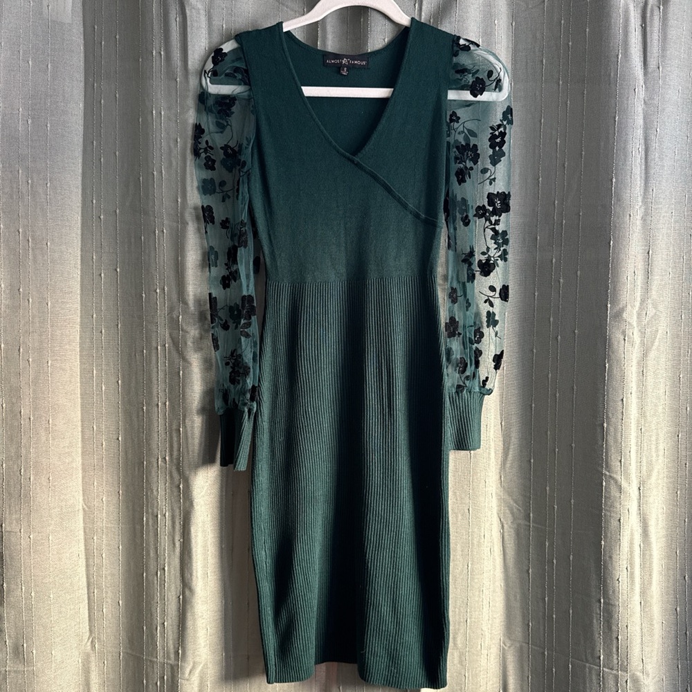 Almost Famous dark Green Dress with Sheer Floral Sleeves